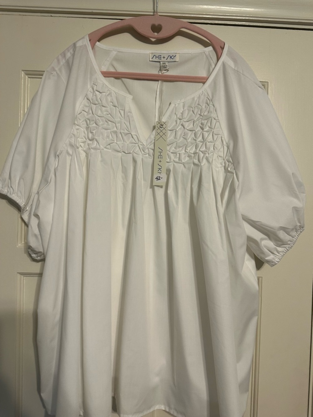 She + Sky White Smocked Yoke Peasant Blouse